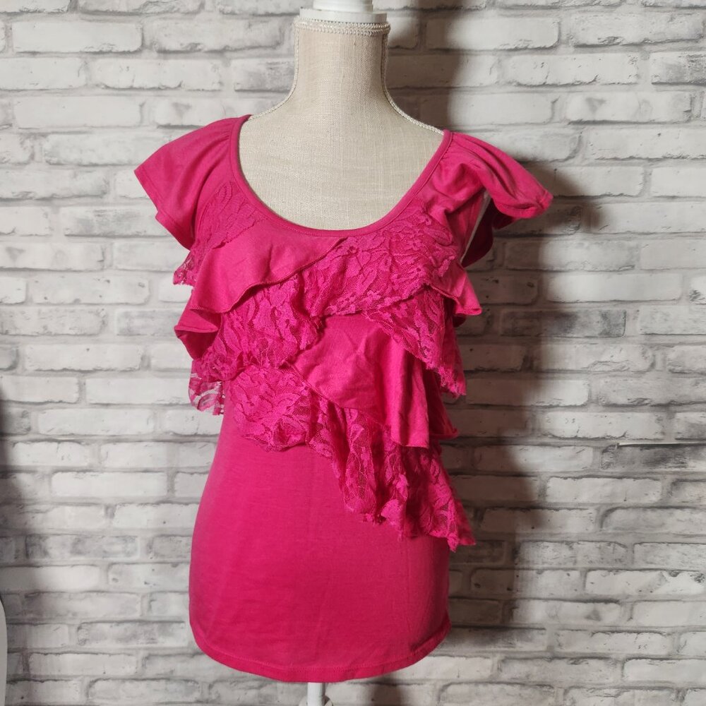 NOBO Pink Ruffle Lace Barbiecore Flutter Sleeve? Shirt